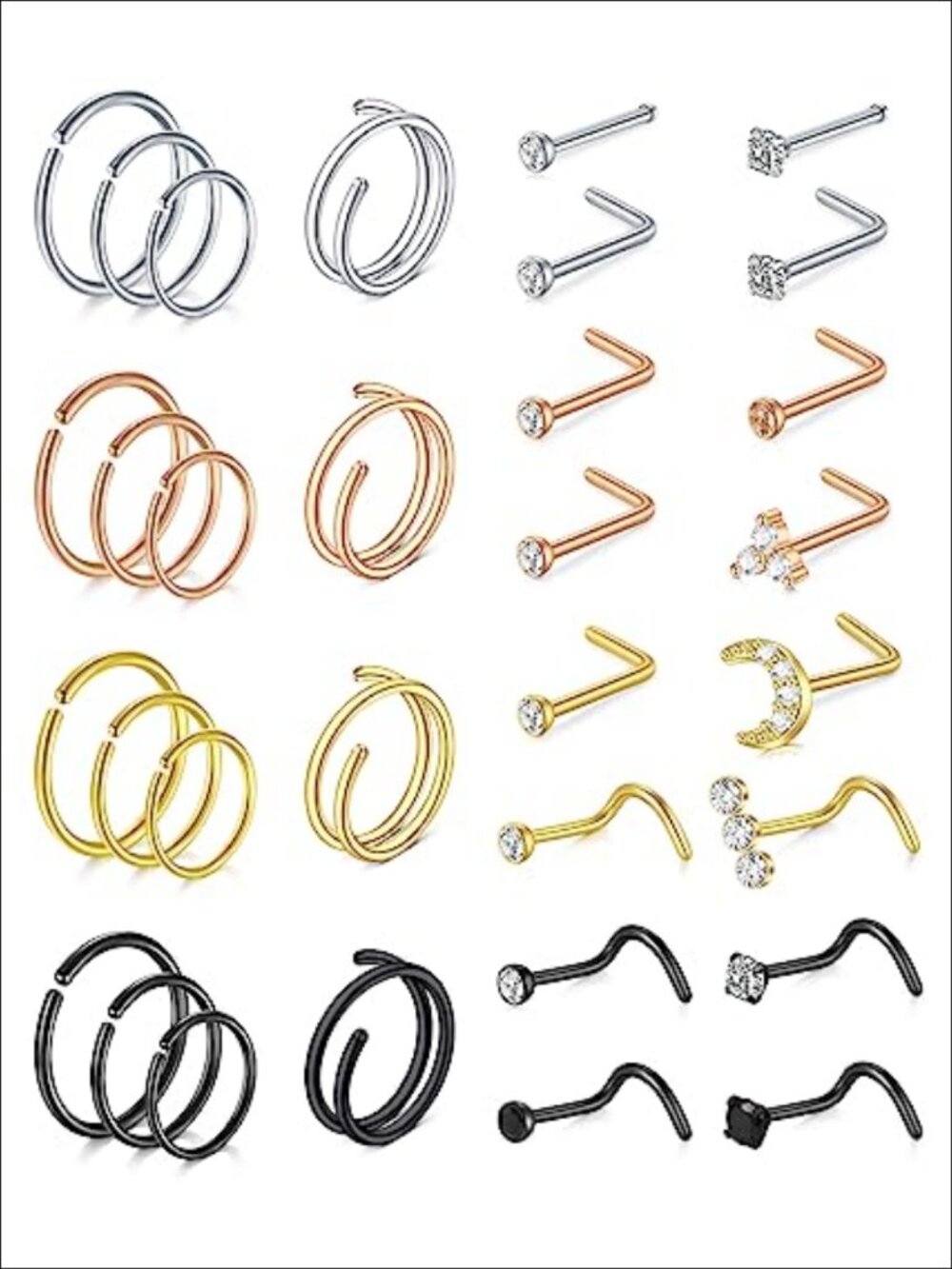 20g Nose Rings Hoops Studs Stainless Steel Hypoallergenic Piercing Jewelry Set
